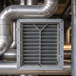 A close up of a metal ventilator and pipes.