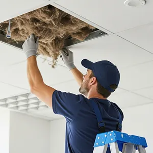 A man working on a ceiling with a ladder.