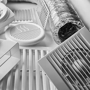 A black and white photo of a bunch of appliances.