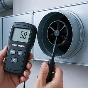 A person holding a thermometer in front of a wall mounted fan.